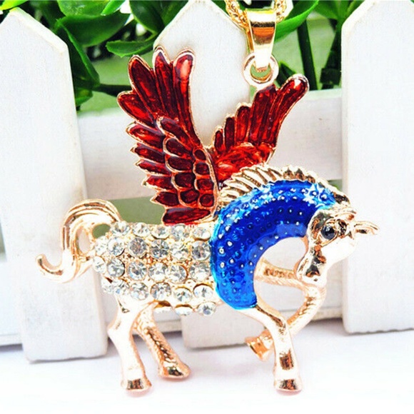 Winged Pegasus Red, Blue,Clear Rhinestone Necklace - Betsey Johnson - Picture 2 of 6